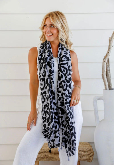 Animal Printed Scarf With Tassel Ends - Grey-FS-Lima & Co
