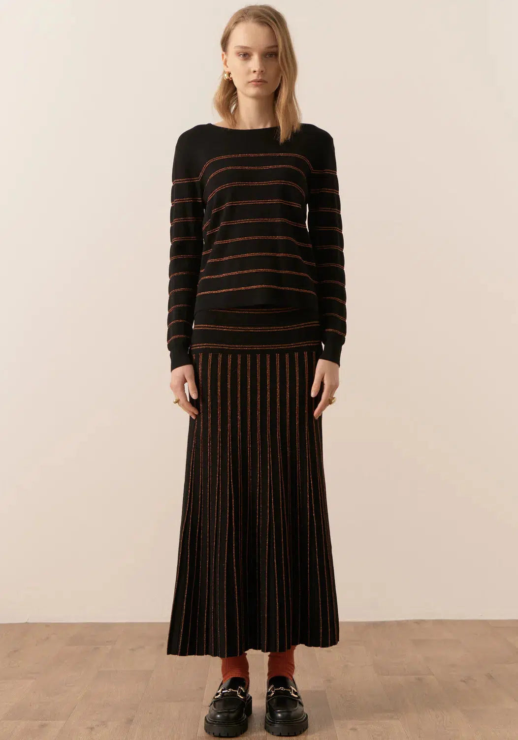 Gizelle Lurex Stripe Knit - Black/Copper-POL Clothing-Lima & Co