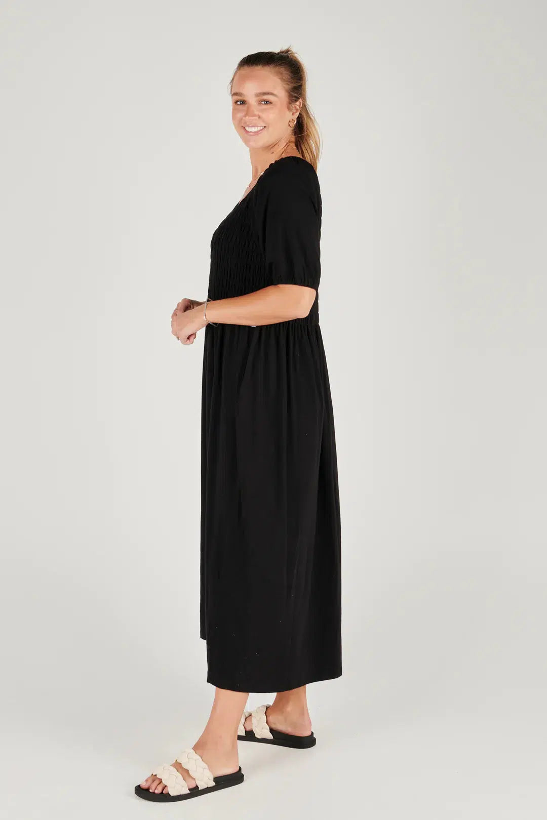 Shirred Bodice Maxi Dress - Black-One Ten Willow-Lima & Co