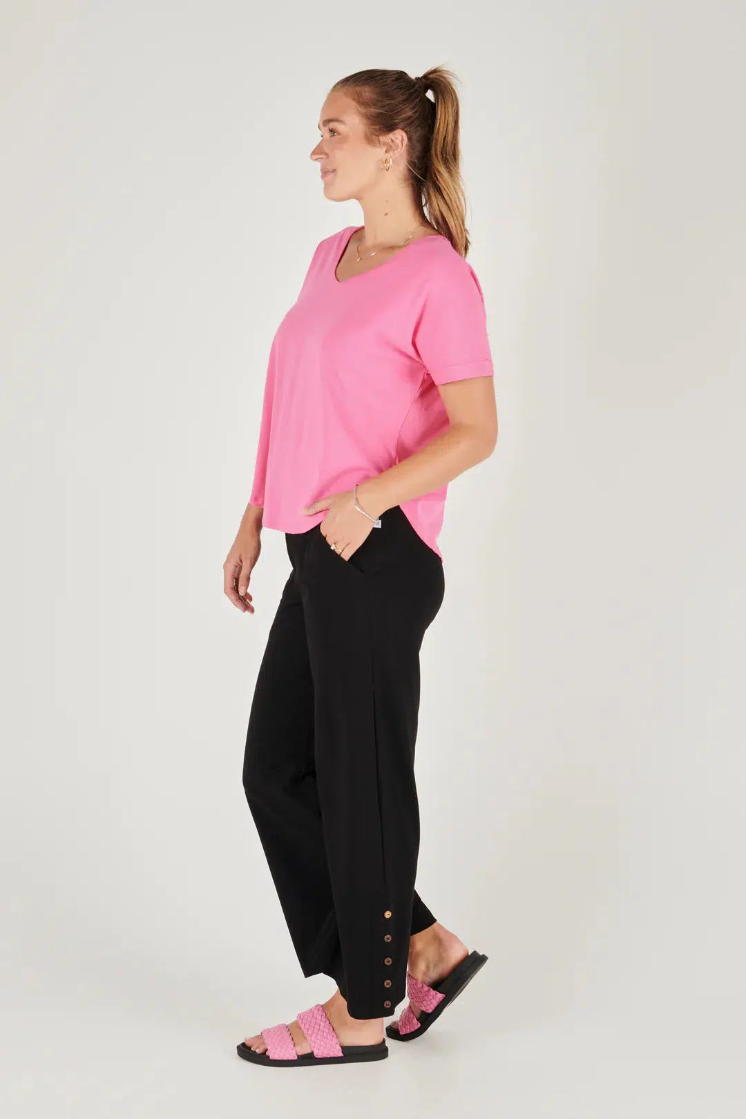 V Neck Curve Hem Tee - Pink-One Ten Willow-Lima & Co