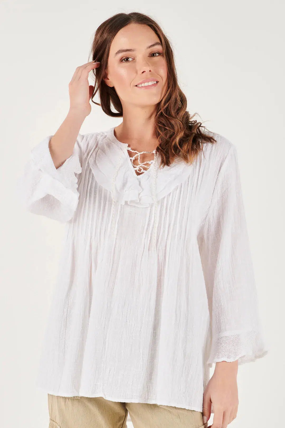 Lace Up Detail Top - White-Ellis and Dewey-Lima & Co