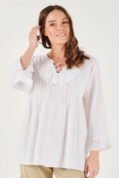 Lace Up Detail Top - White-Ellis and Dewey-Lima & Co
