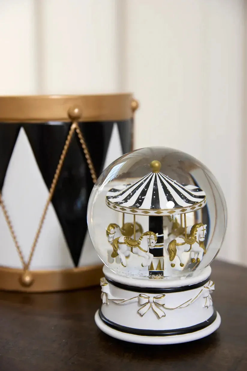 12cm Musical Gold And White Merry-Go-Round Snow Globe-Holly and Ivy-Lima & Co