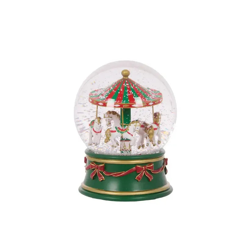 12cm Musical Red And Gree Merry-Go-Round Snow Globe-Holly and Ivy-Lima & Co