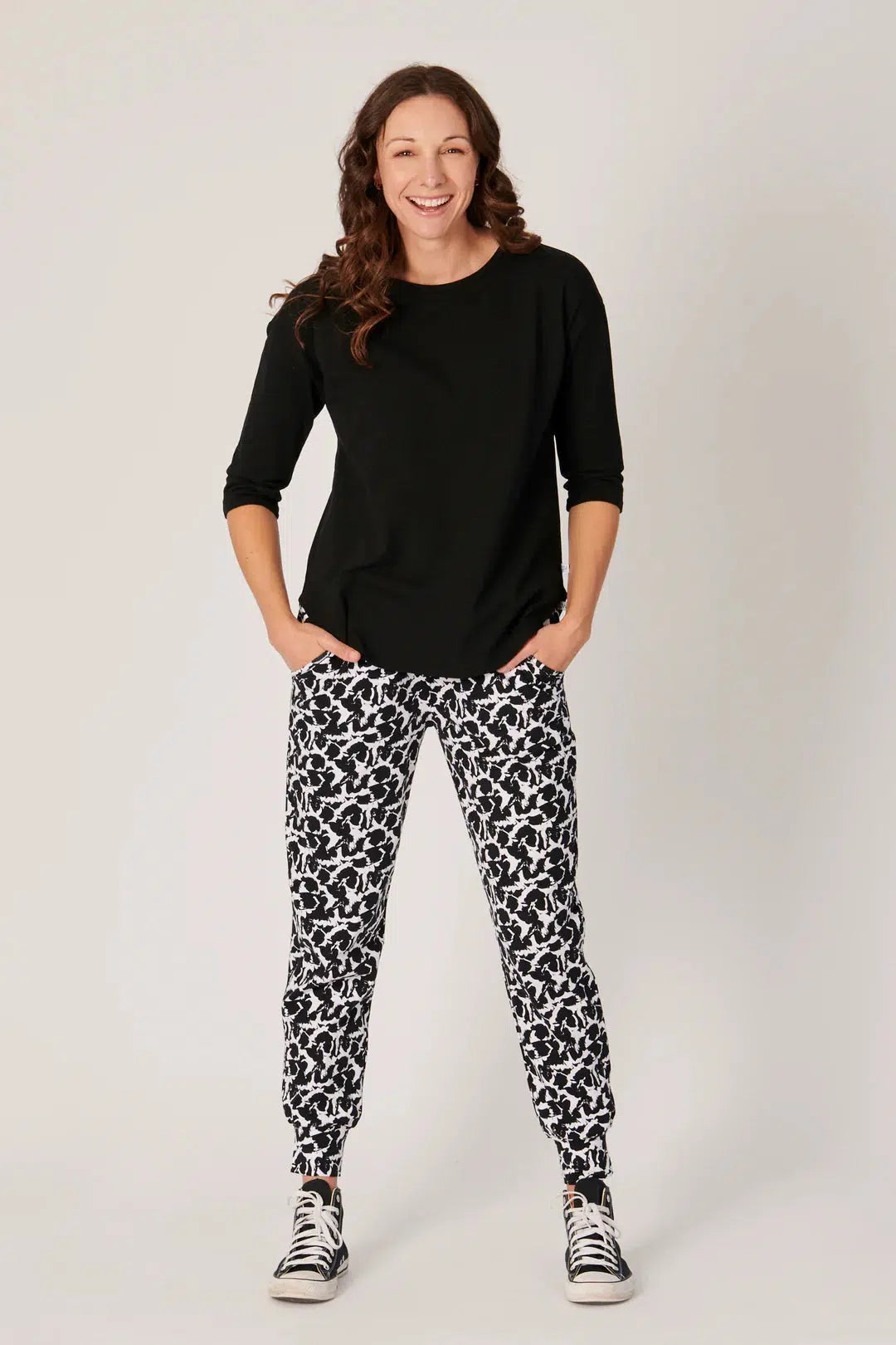 3/4 Sleeve Round Neck Tee - Black-One Ten Willow-Lima & Co
