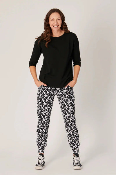 3/4 Sleeve Round Neck Tee - Black-One Ten Willow-Lima & Co