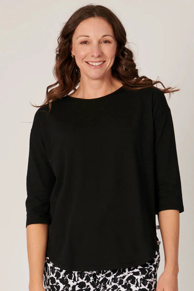 3/4 Sleeve Round Neck Tee - Black-One Ten Willow-Lima & Co