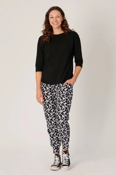 3/4 Sleeve Round Neck Tee - Black-One Ten Willow-Lima & Co