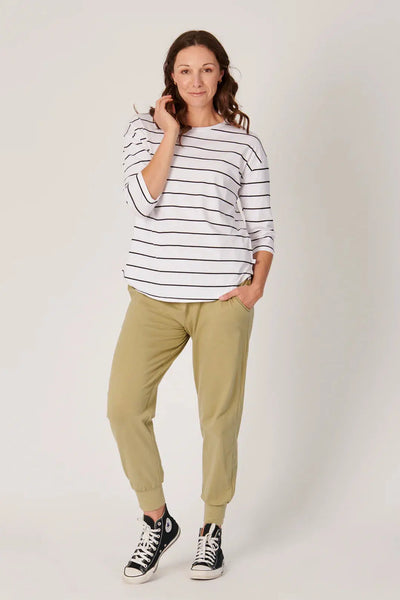 3/4 Sleeve Round Neck Tee - Wht/Blk-One Ten Willow-Lima & Co