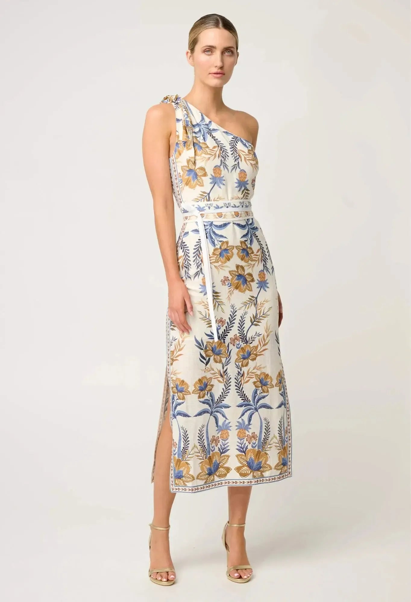 Amira One Shoulder Tie Placement Print Dress - Golden Medina-Once Was-Lima & Co
