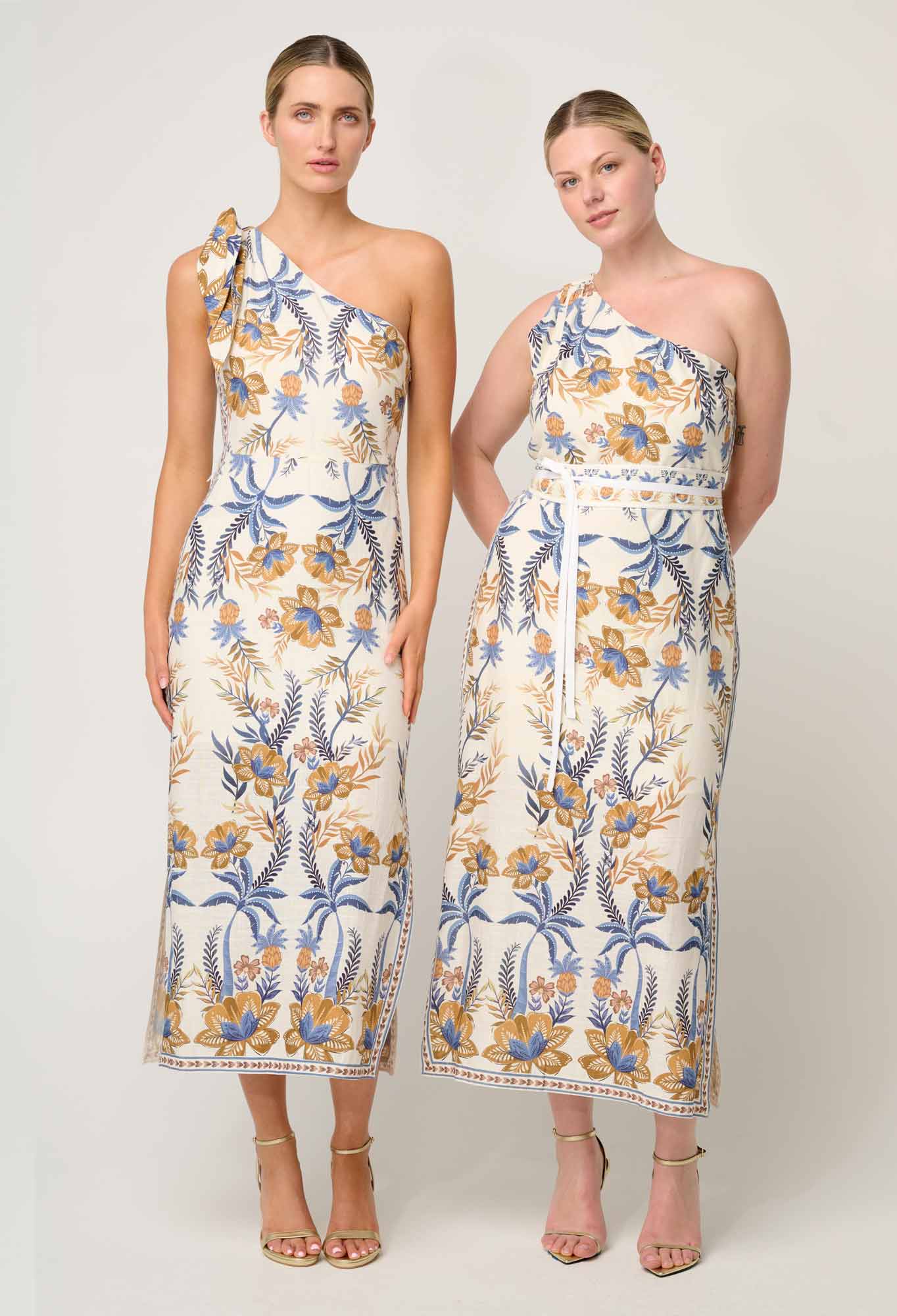 Amira One Shoulder Tie Placement Print Dress - Golden Medina-Once Was-Lima & Co