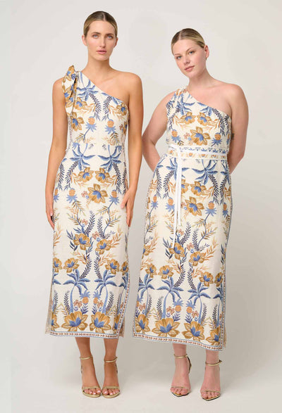Amira One Shoulder Tie Placement Print Dress - Golden Medina-Once Was-Lima & Co