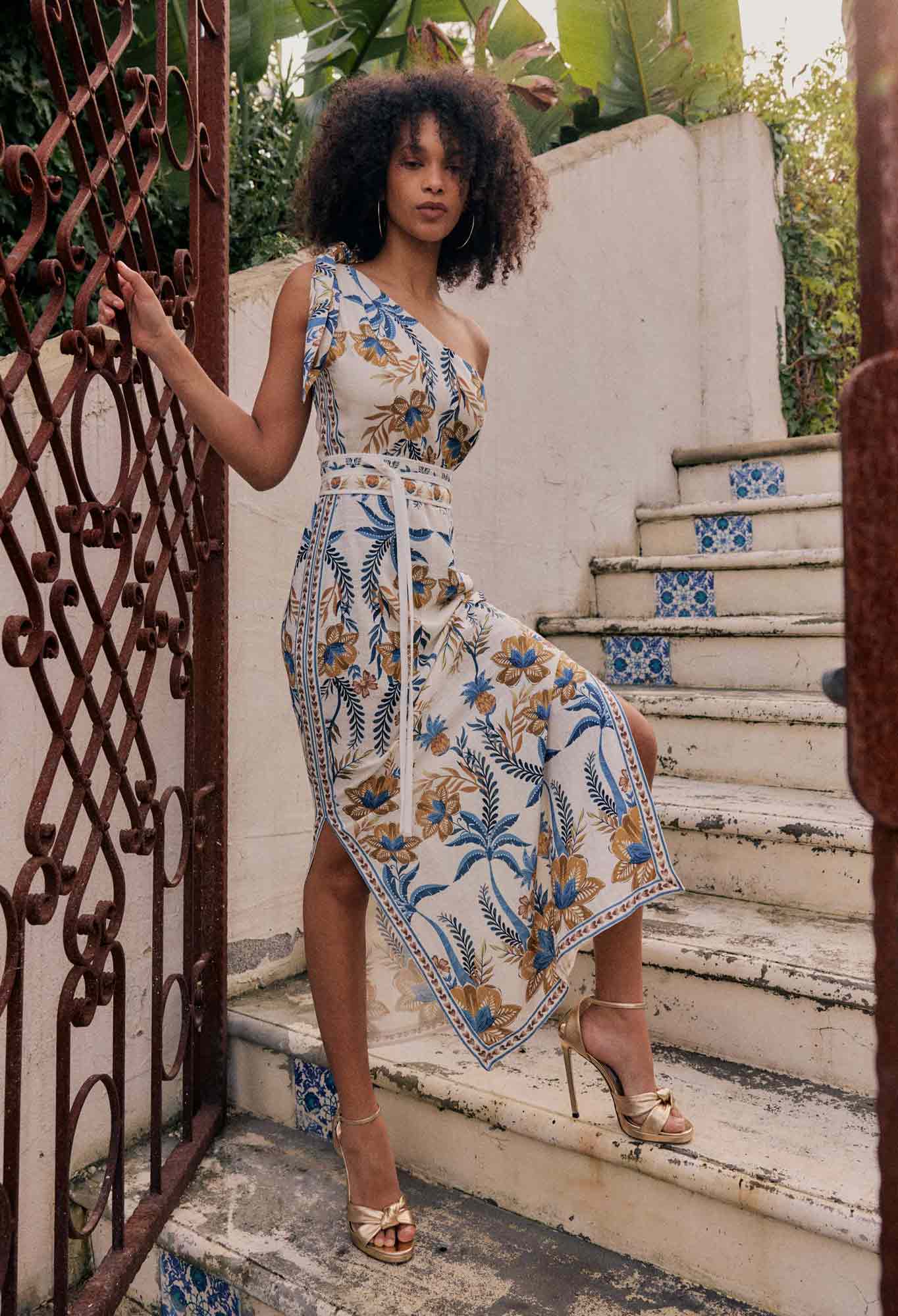 Amira One Shoulder Tie Placement Print Dress - Golden Medina-Once Was-Lima & Co