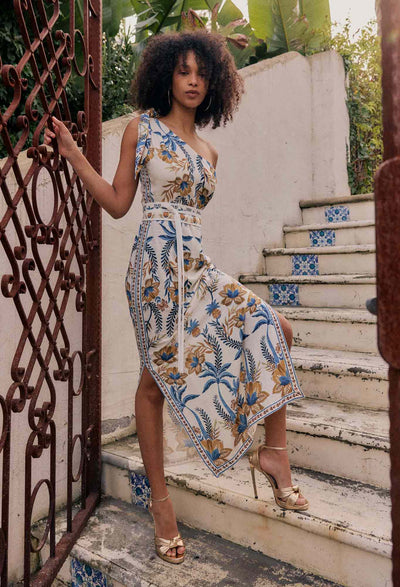 Amira One Shoulder Tie Placement Print Dress - Golden Medina-Once Was-Lima & Co