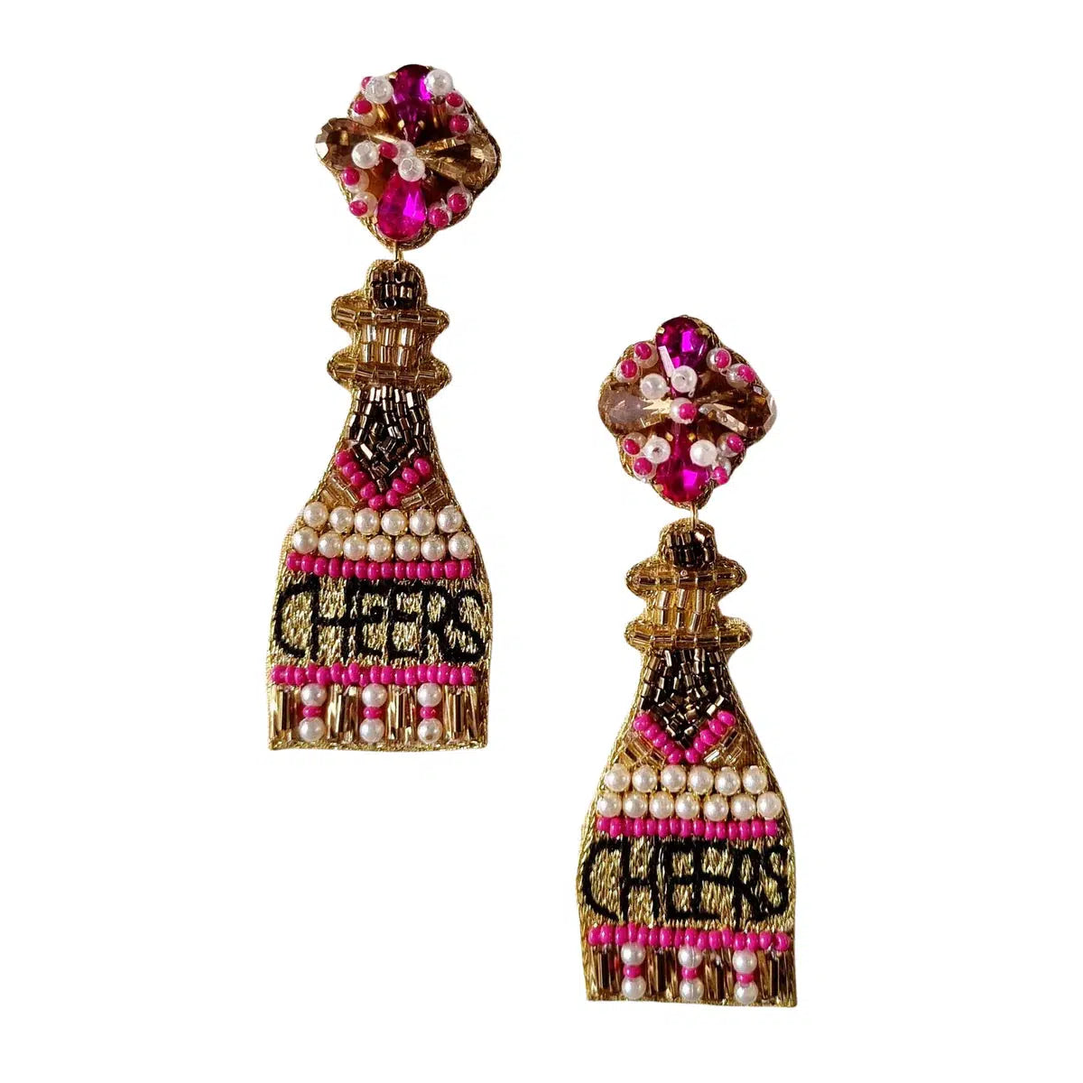 Beaded Cheers Champagne Bottle Earring Pink-ZODA-Lima & Co