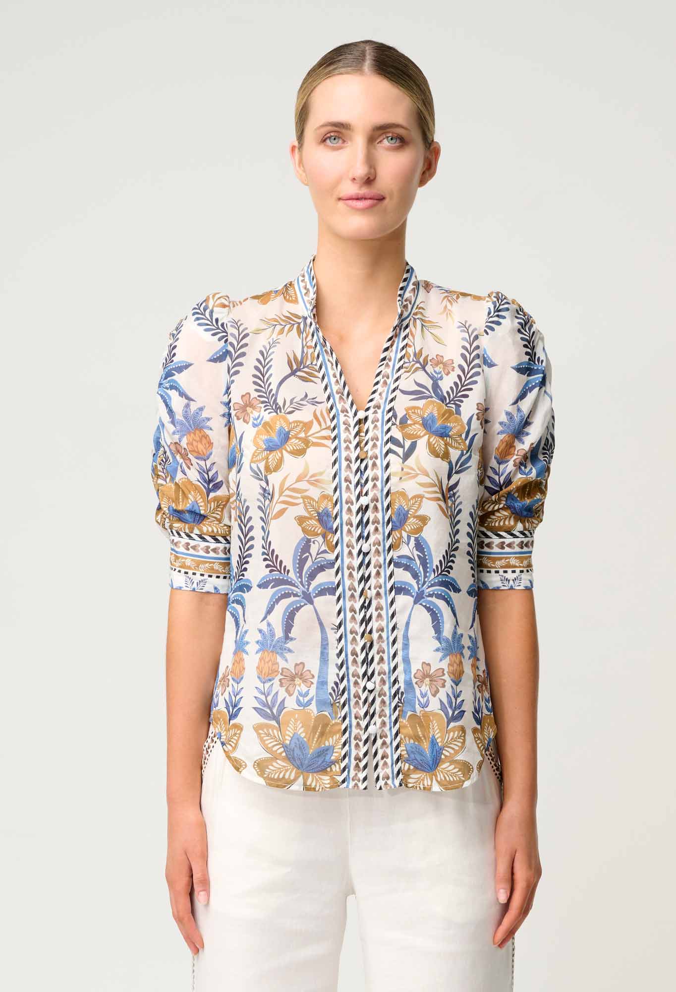 Calantha Contrast Trim Ruched Sleeve Shirt - Golden Medina-Once Was-Lima & Co