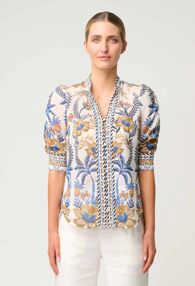 Calantha Contrast Trim Ruched Sleeve Shirt - Golden Medina-Once Was-Lima & Co