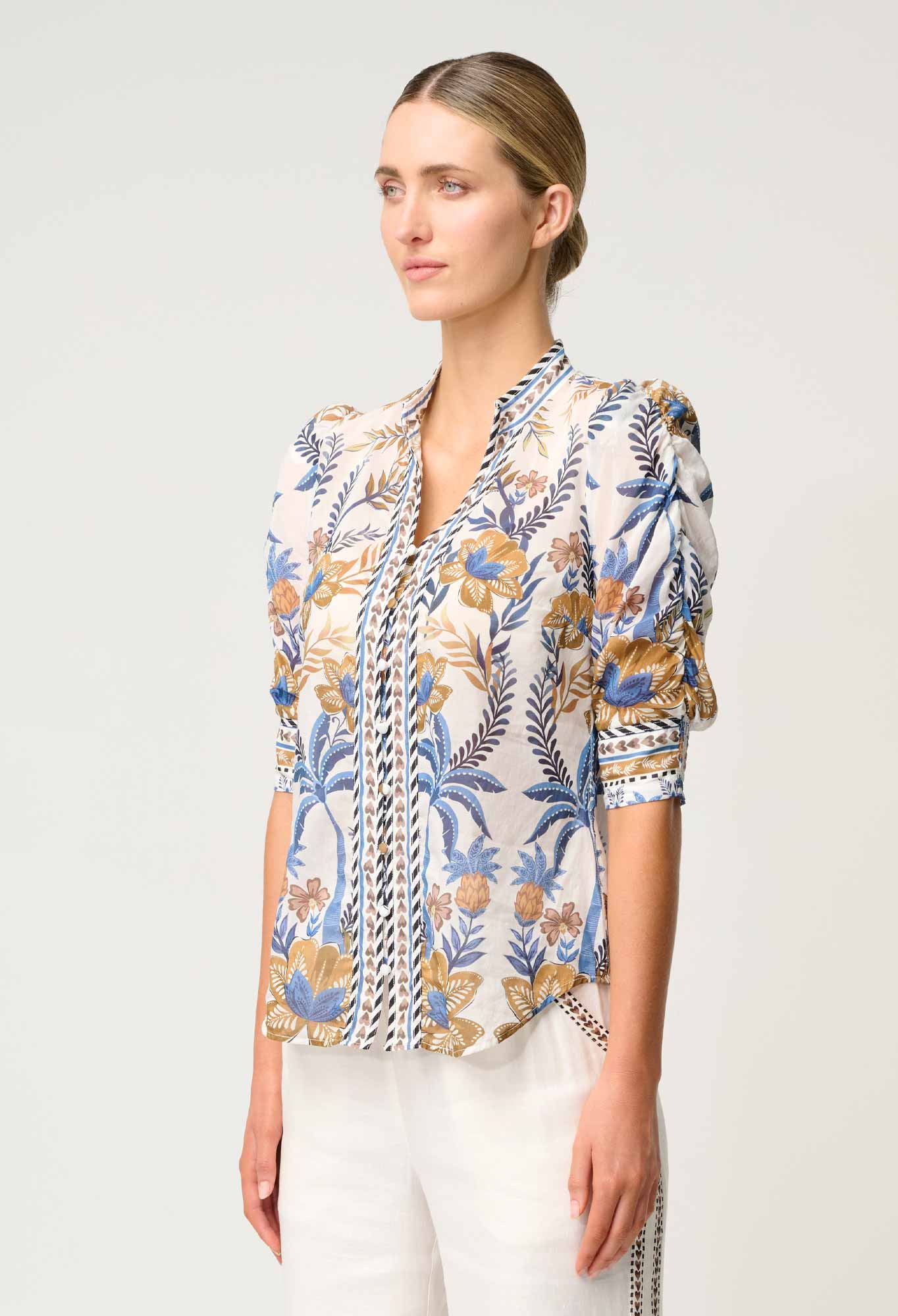 Calantha Contrast Trim Ruched Sleeve Shirt - Golden Medina-Once Was-Lima & Co
