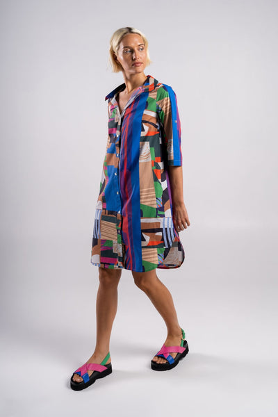 Cotton Collard Shirt Dress - Mixed Media Print-Wear Colour-Lima & Co