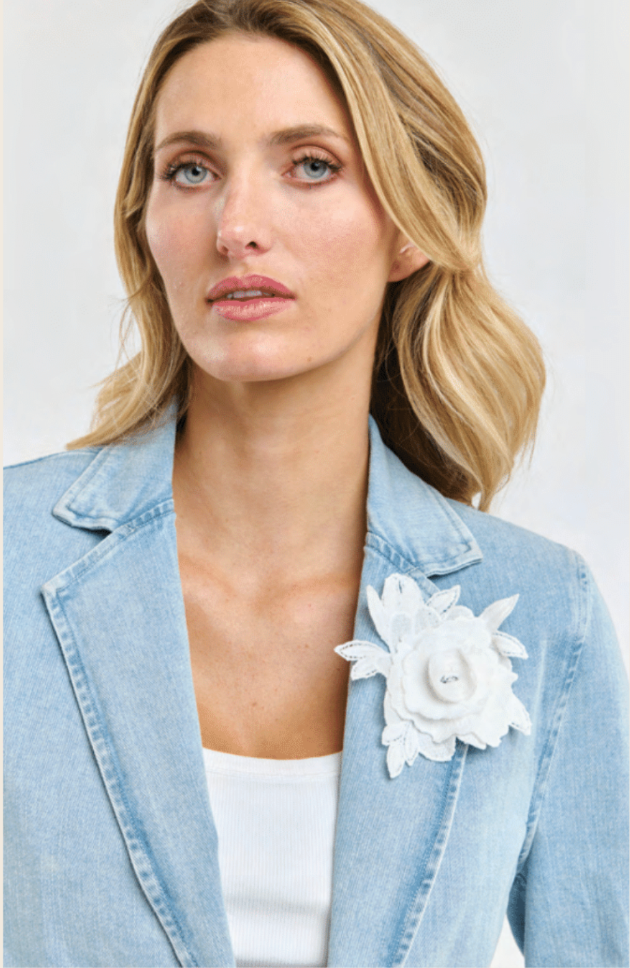Denim Blazer with Flower Brooch - Ice Blue-365 Days-Lima & Co