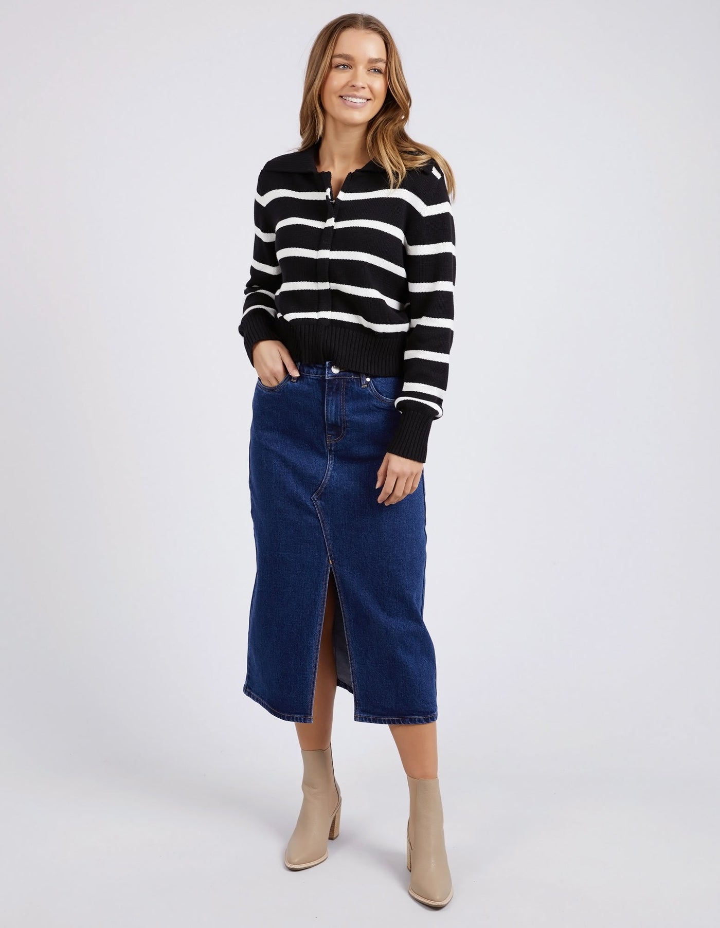 Effie Polo Knit - Black w White Stripe-Foxwood-Lima & Co