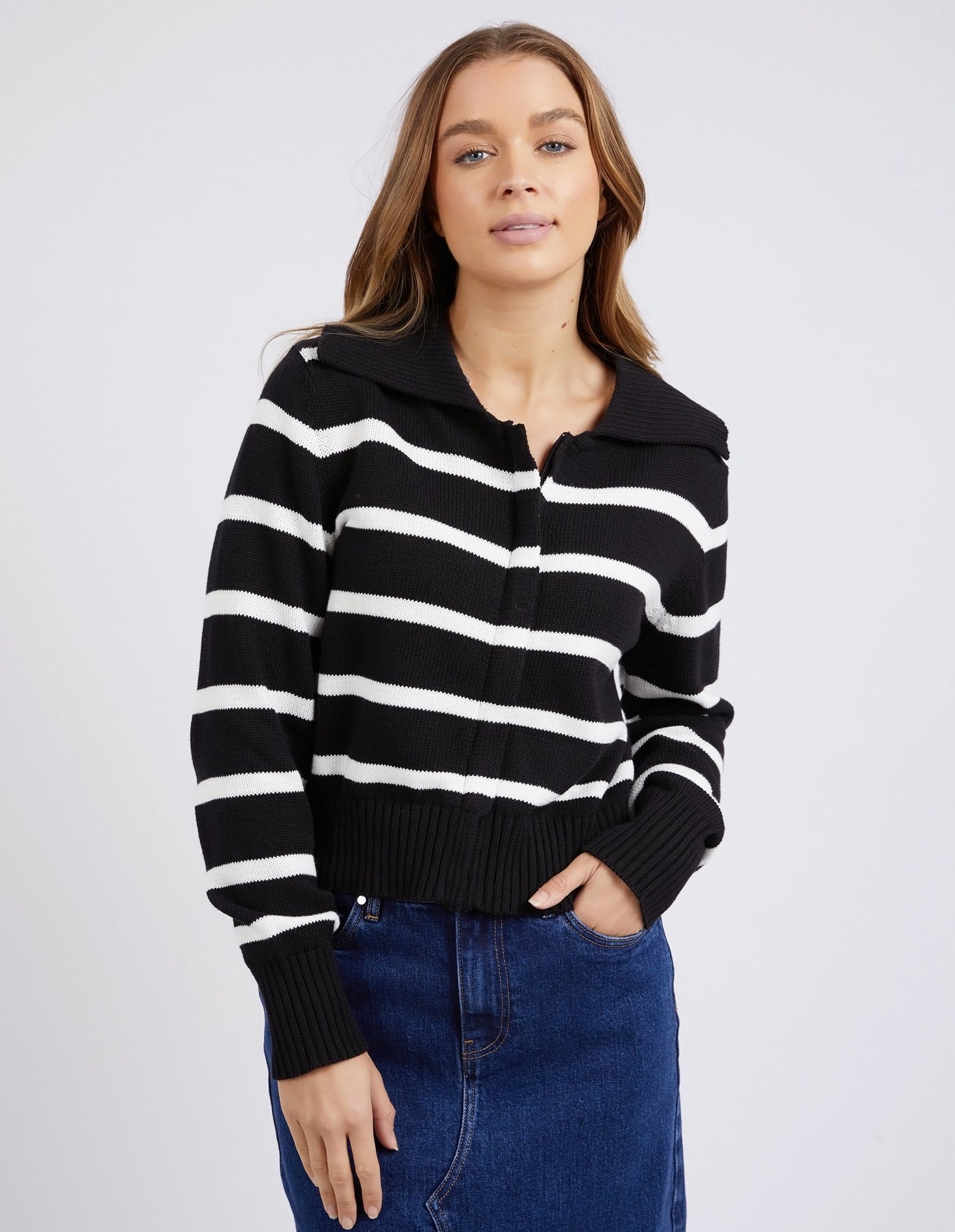 Effie Polo Knit - Black w White Stripe-Foxwood-Lima & Co