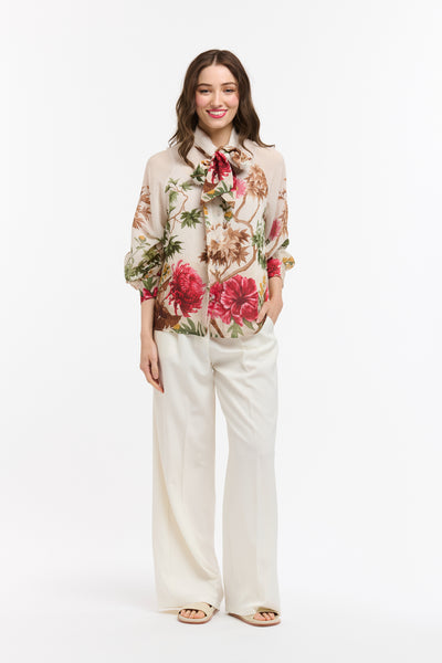 Flowers Bow Neck Shirt - Beige-Urban Luxury-Lima & Co