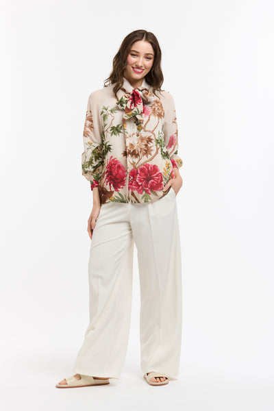 Flowers Bow Neck Shirt - Beige-Urban Luxury-Lima & Co
