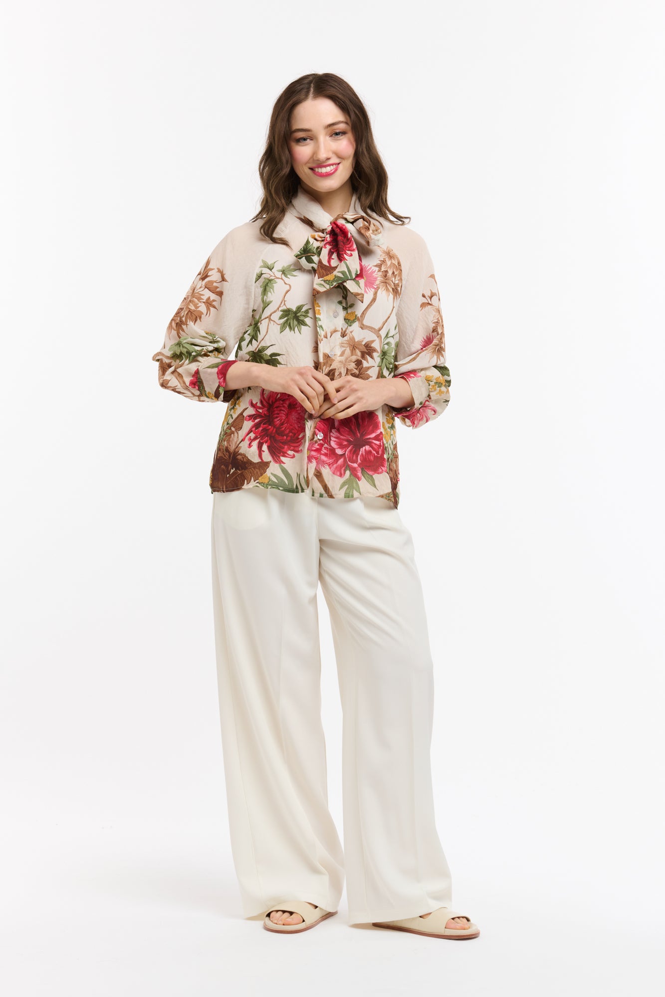 Flowers Bow Neck Shirt - Beige-Urban Luxury-Lima & Co