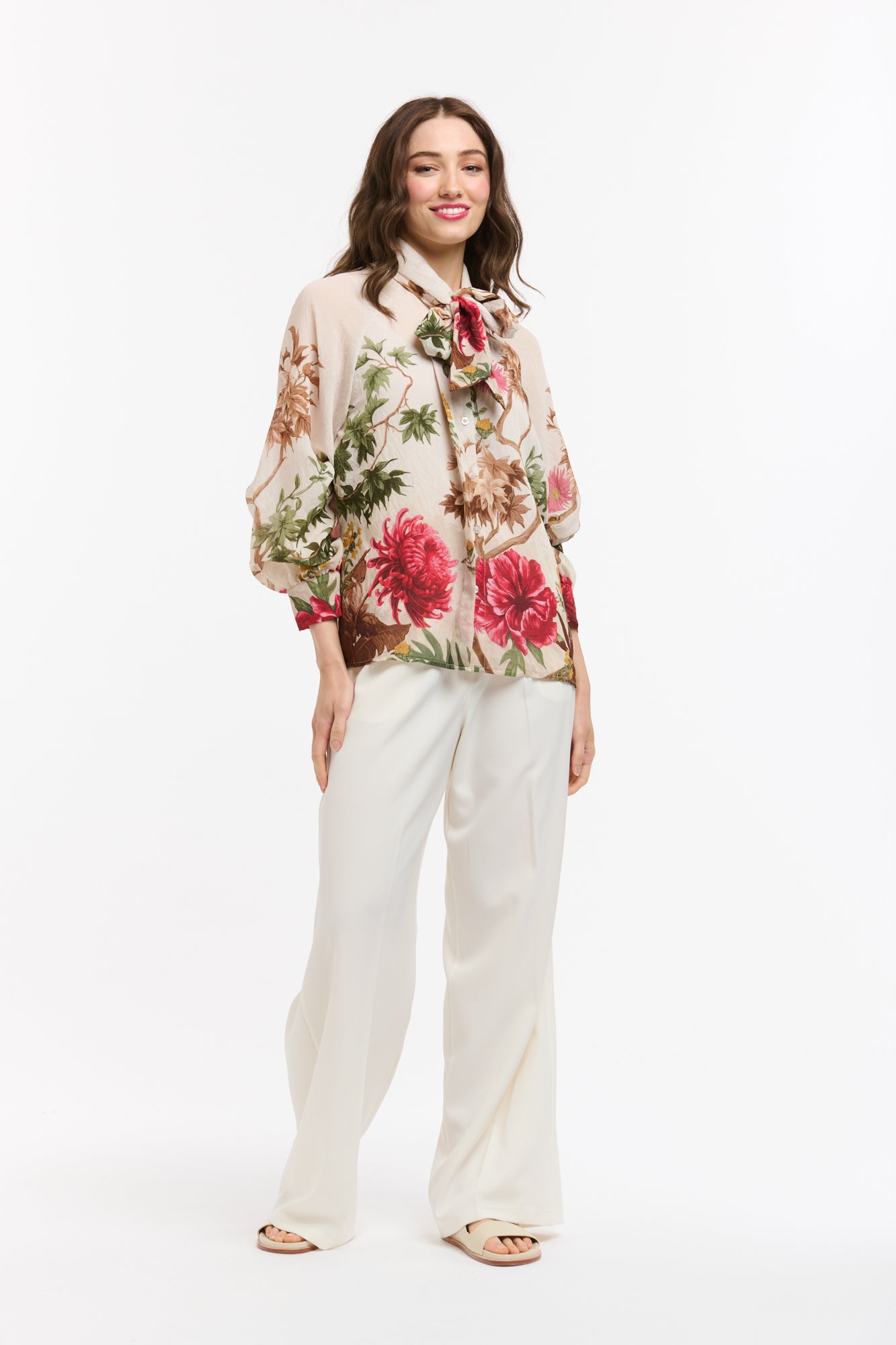 Flowers Bow Neck Shirt - Beige-Urban Luxury-Lima & Co