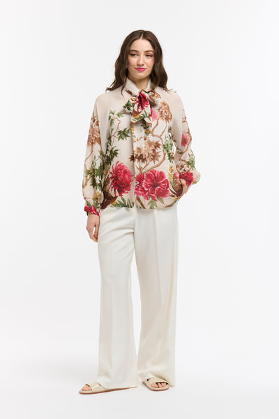 Flowers Bow Neck Shirt - Beige-Urban Luxury-Lima & Co
