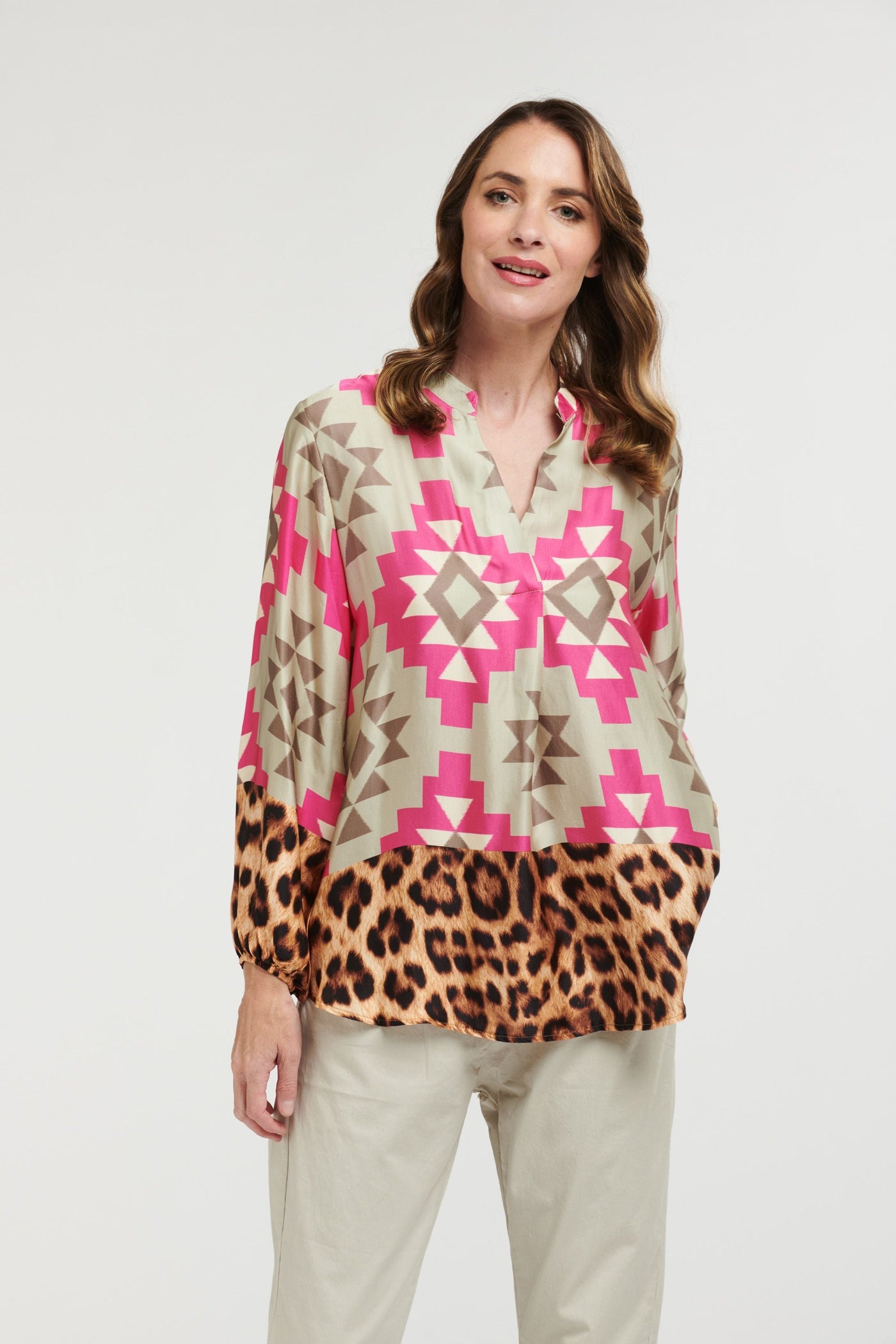 Geometric and Leo Shirt - Beige/Pink-Urban Luxury-Lima & Co