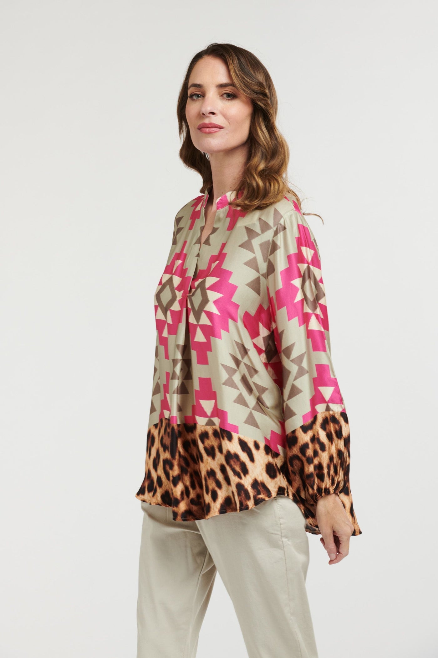 Geometric and Leo Shirt - Beige/Pink-Urban Luxury-Lima & Co