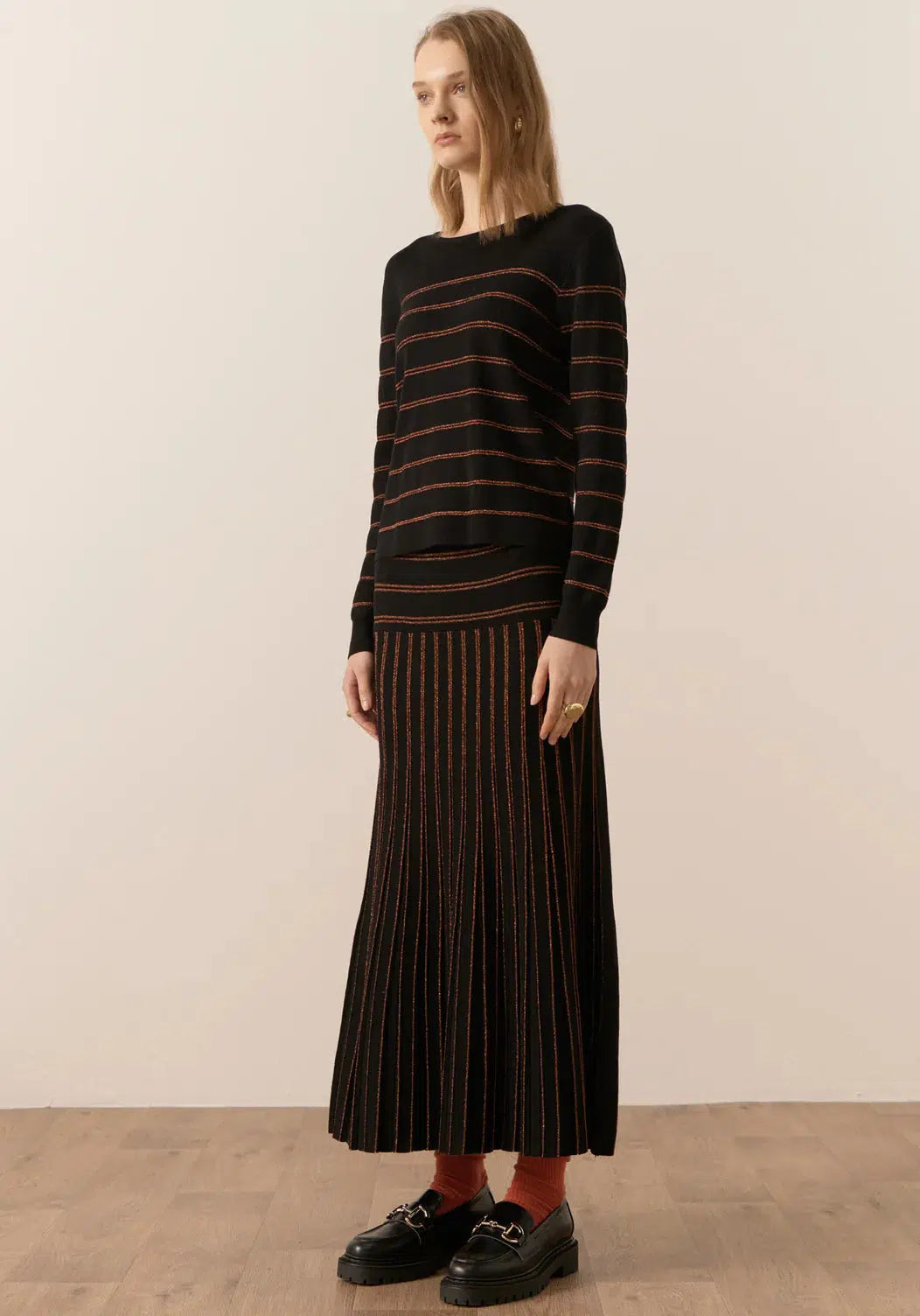 Gizelle Lurex Stripe Knit - Black/Copper-POL Clothing-Lima & Co