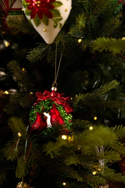 Glass Twin Cardinal Hanging-Holly and Ivy-Lima & Co