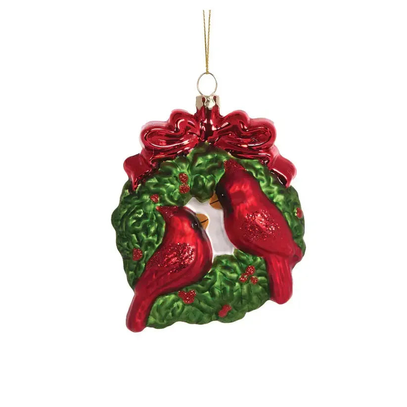 Glass Twin Cardinal Hanging-Holly and Ivy-Lima & Co