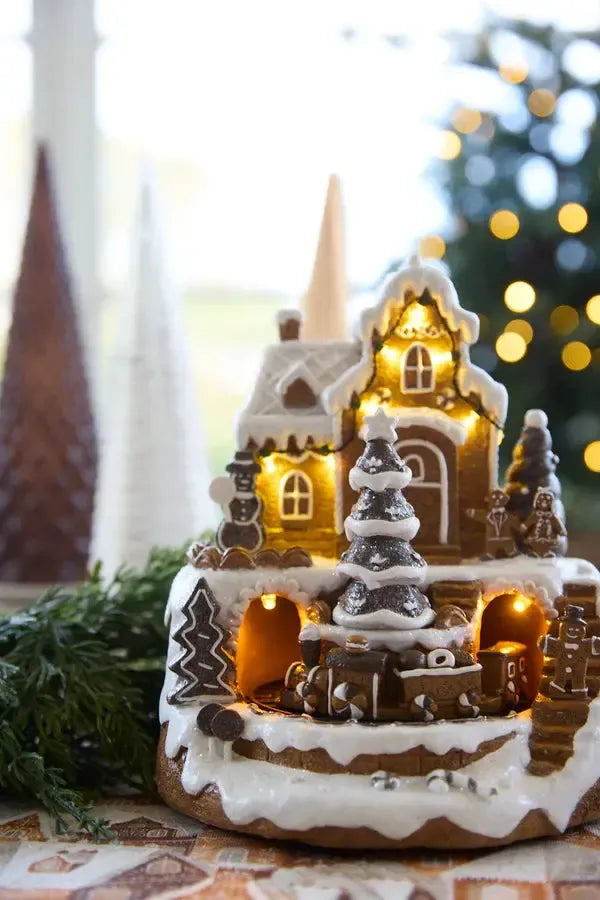 Led Piped Gingerbread Village With Train-Holly and Ivy-Lima & Co