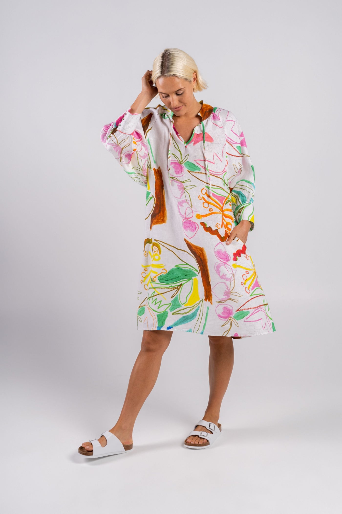 Linen Full Sleeve Dress - Botanical Print-Wear Colour-Lima & Co