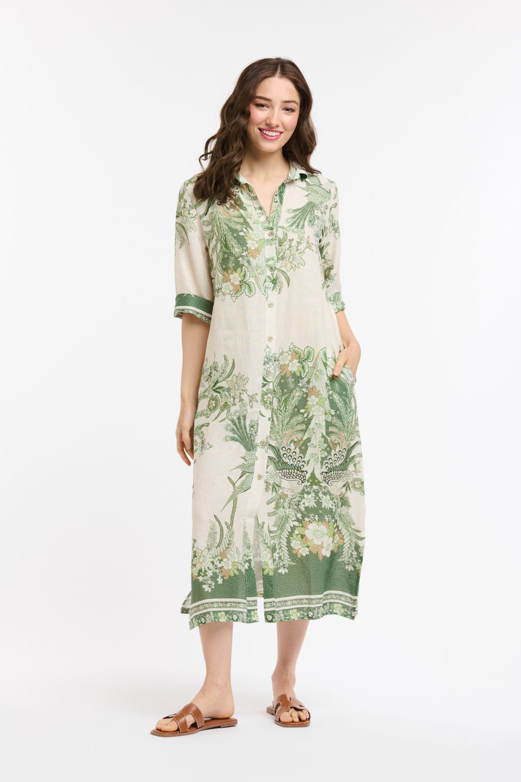 Linen Printed Dress - Cream/Green-Urban Luxury-Lima & Co