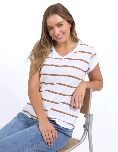 Manly Stripe Vee Tee - White/Coconut Stripe-Foxwood-Lima & Co