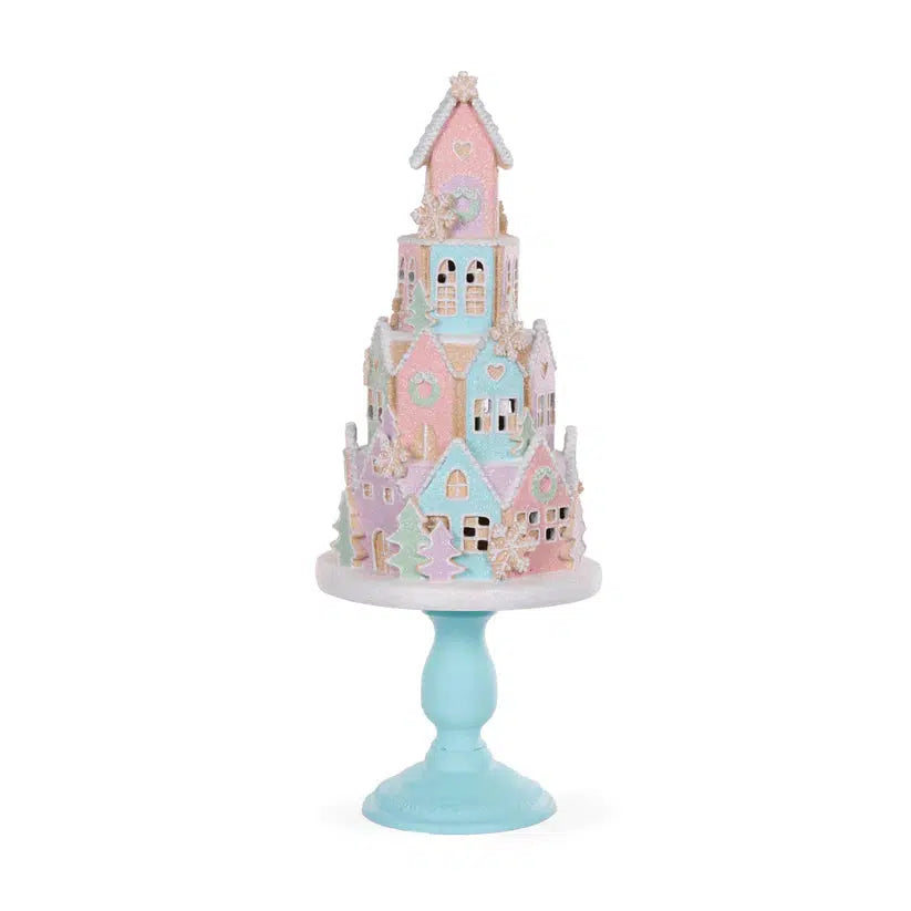 Pastel Piped Gingerbread Village On Pedestal-Holly and Ivy-Lima & Co