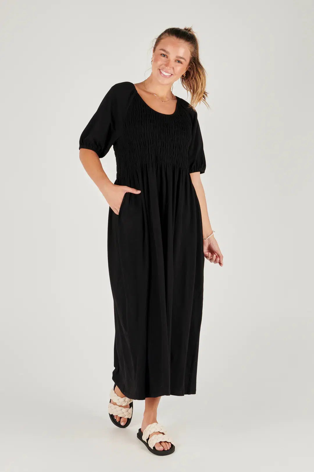 Shirred Bodice Maxi Dress - Black-One Ten Willow-Lima & Co