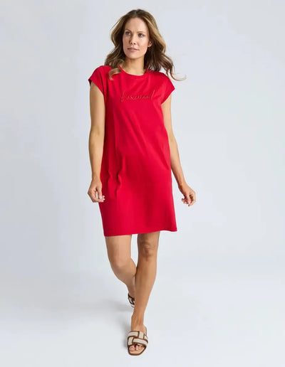 Signature Embroidery Tee Dress - Red-Foxwood-Lima & Co