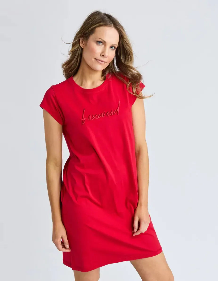 Signature Embroidery Tee Dress - Red-Foxwood-Lima & Co