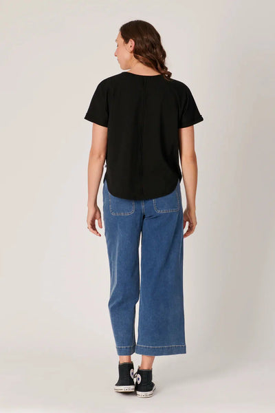 V-Neck Curve Hem Tee - Black-One Ten Willow-Lima & Co