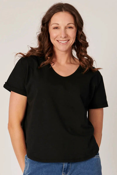 V-Neck Curve Hem Tee - Black-One Ten Willow-Lima & Co