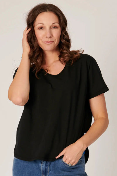 V-Neck Curve Hem Tee - Black-One Ten Willow-Lima & Co