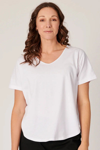 V-Neck Curve Hem Tee - White-One Ten Willow-Lima & Co