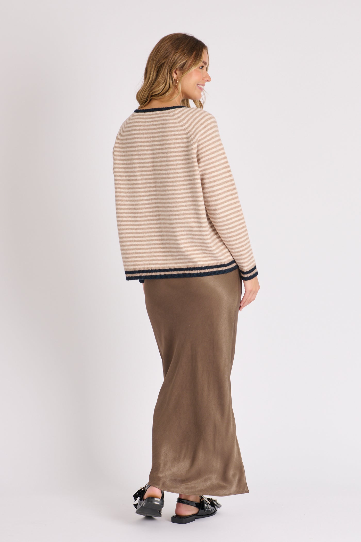 V Neck Raglan Jumper - Coffee Stripe-Ellis and Dewey-Lima & Co