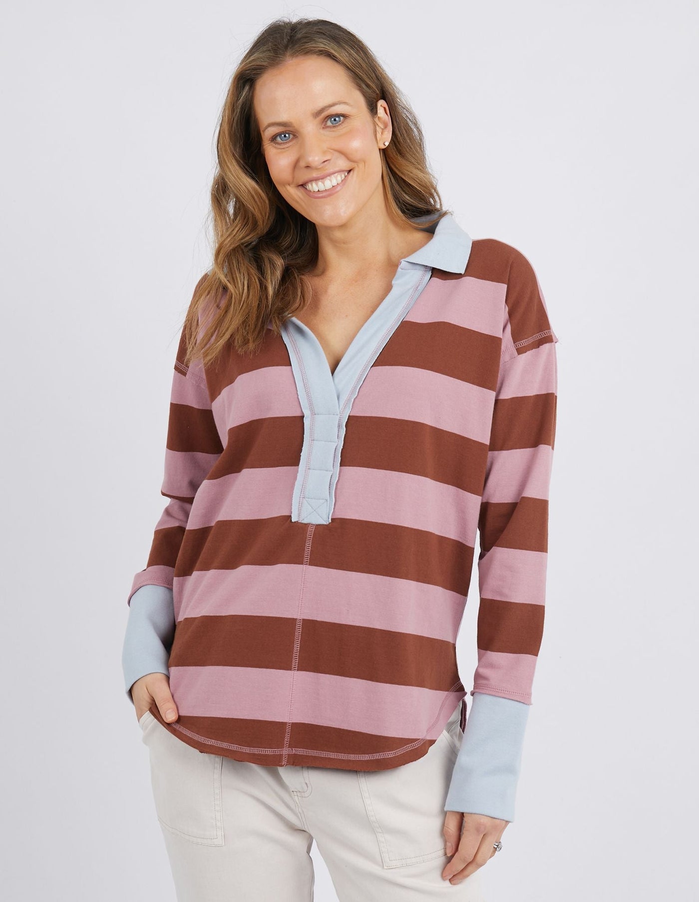 Everly Collar Detail Top - Choc Pink Stripe-Lima & Co-Lima & Co